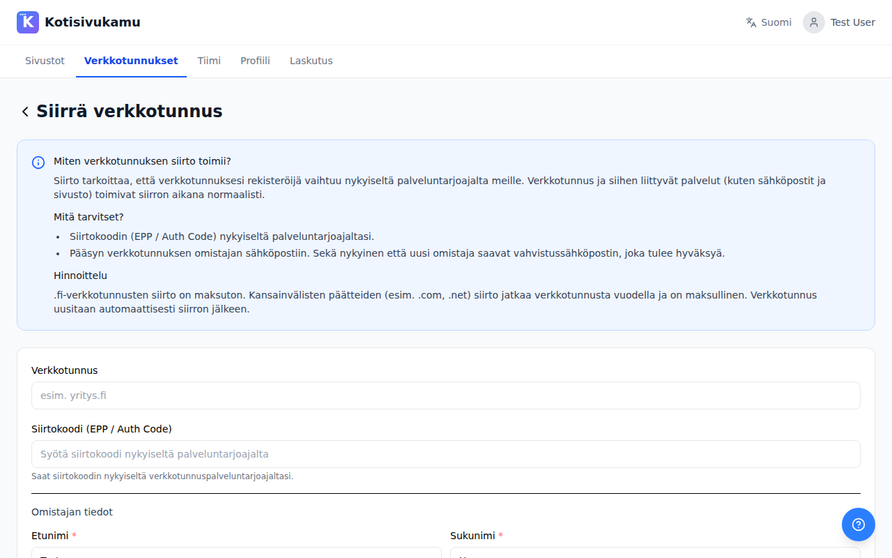 Verkkotunnuksen siirto