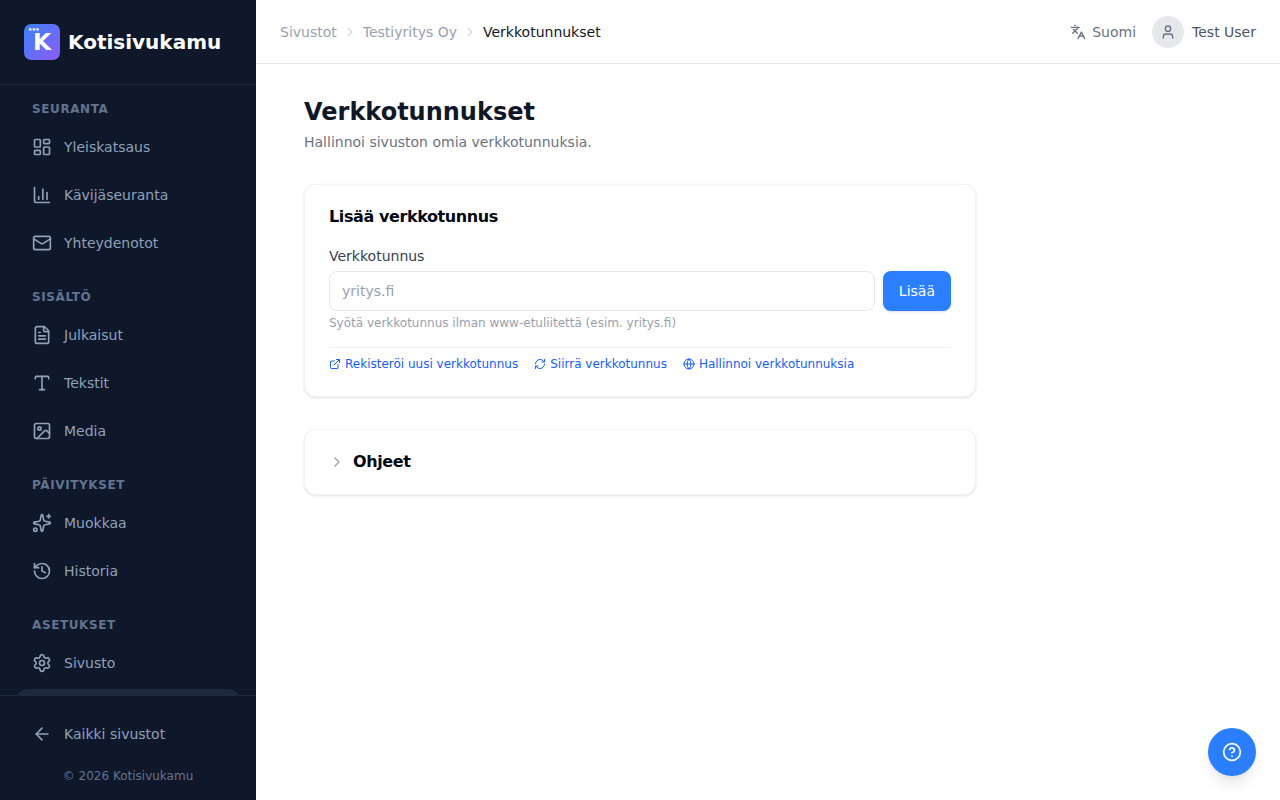 Sivuston verkkotunnukset